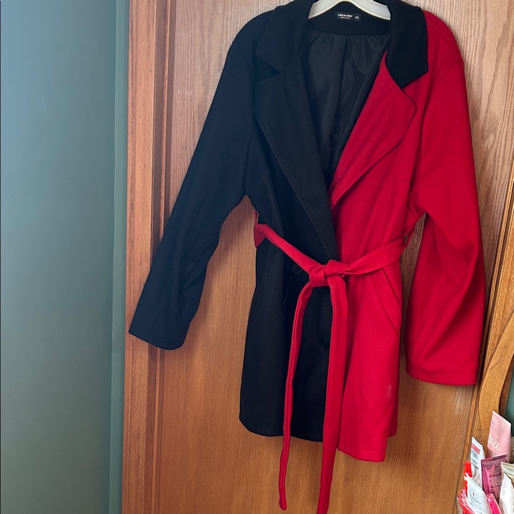 SHEIN Two-Tone Black and Red Belted Trench Coat